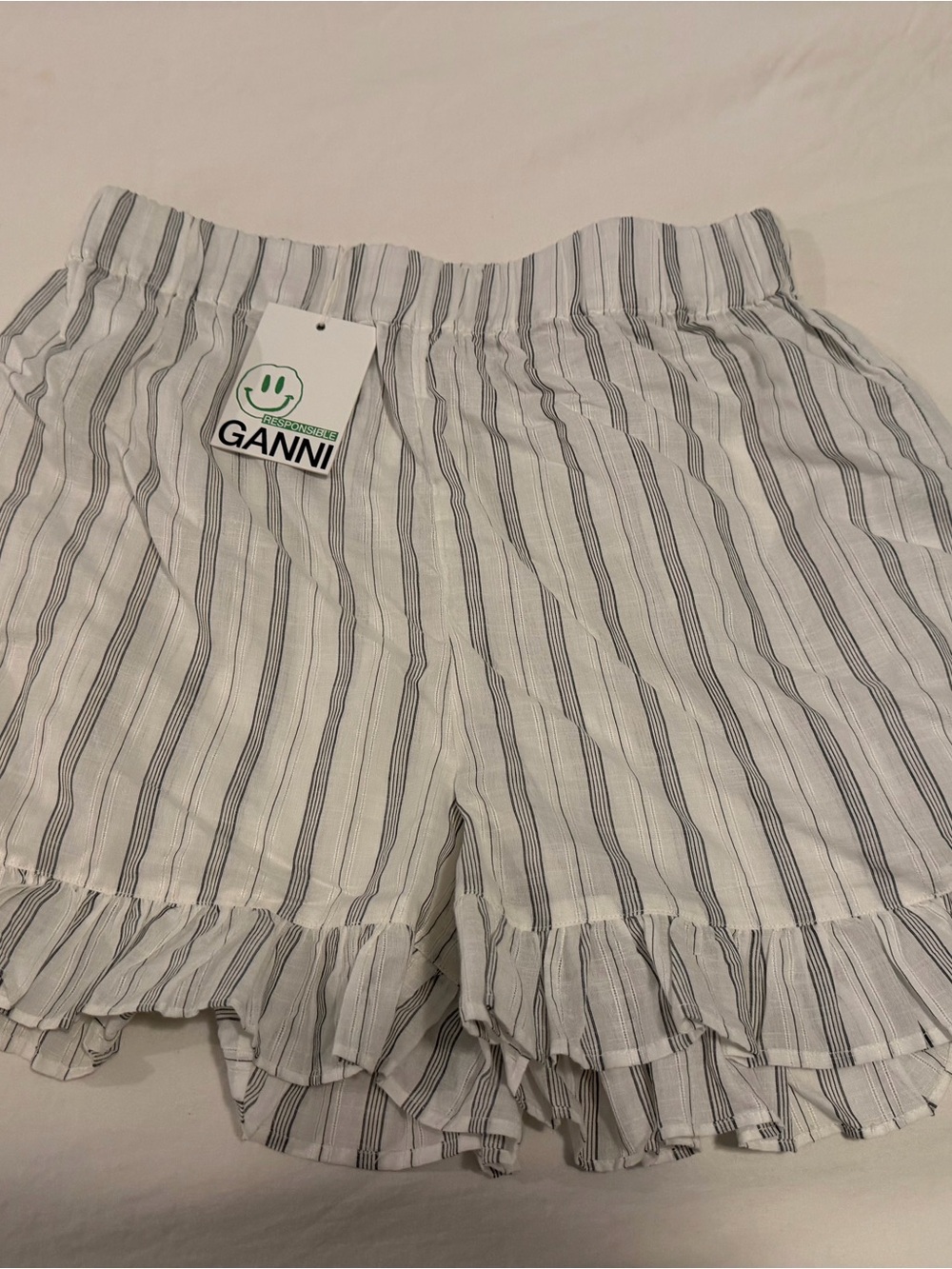 NWT GANNI White Striped Ruffle Hem Shorts
